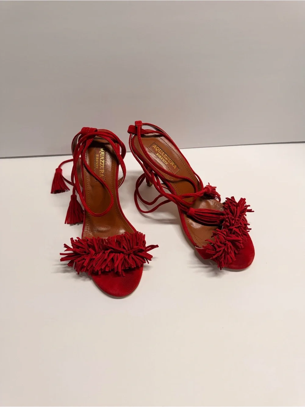 Aquazzura Red Fringe Tie-Strap Women's Sandals